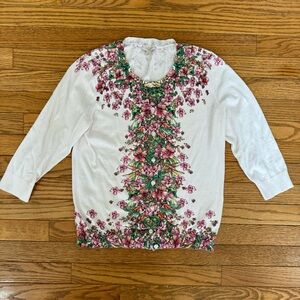 Talbots White and Pink Graphic Blouse with Peter Pan Collar